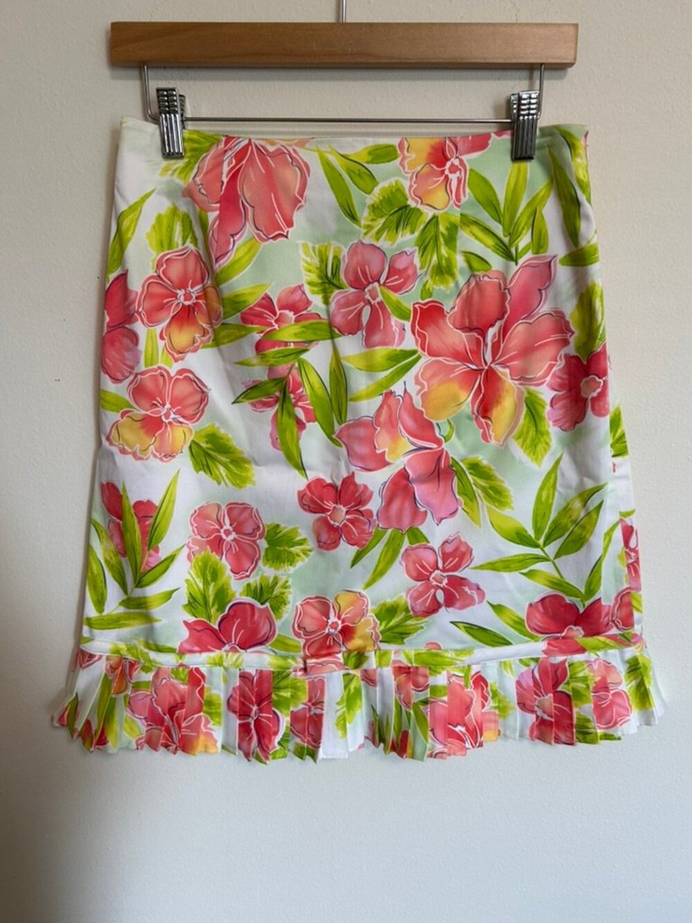 Dressbarn Tropical Floral Skirt Y2K Pleated with Bow Detail Summer Sz 8 EUC